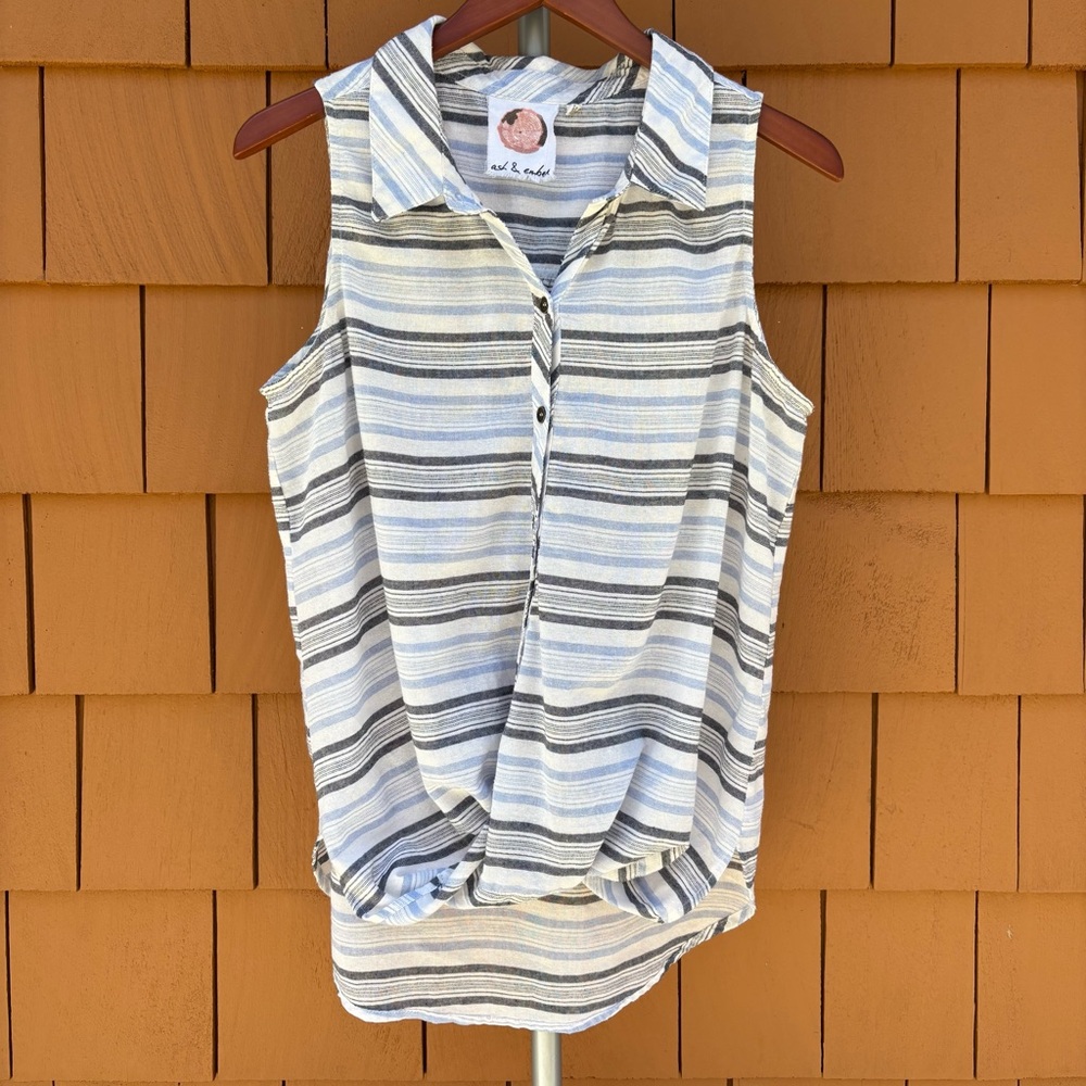 ASH & EMBER | Blue Striped Boho Coastal Chic Elevated Sleeveless Top |‎ Size L